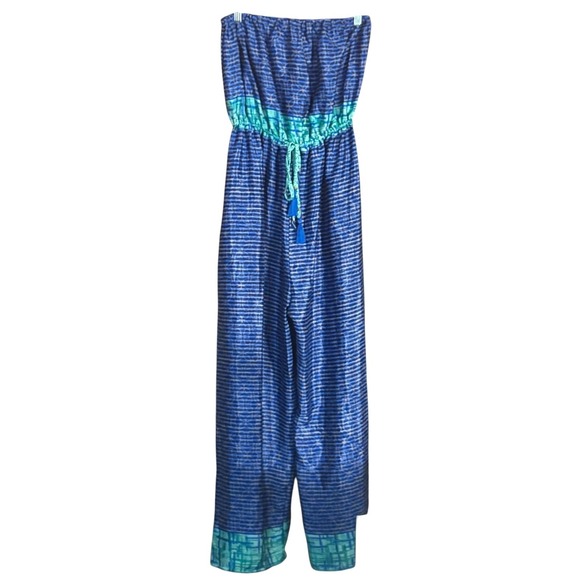 etc. Pants - ETC Strapless Paisley Jumpsuit One Size Blue Aqua Wide Leg Tassel Waist